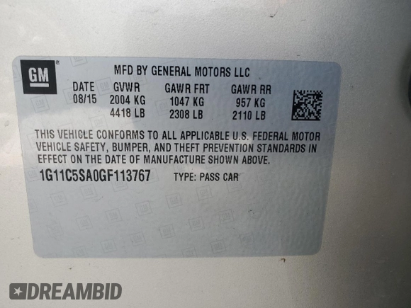 2016 Chevrolet Malibu Limited LT with VIN 1G11C5SA0GF113767, listed as a Copart auction lot 68106594 with 0 mi miles and Salvage Title. Bid and sale history available at carsss.com. Image 12.