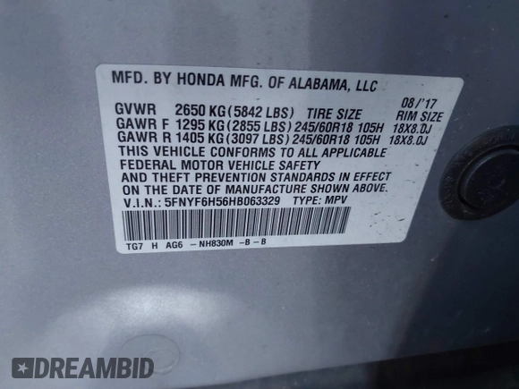 2017 Honda Pilot EX-L with VIN 5FNYF6H56HB063329, listed as a IAAI auction lot 42231498 with 179,695 mi miles and . Bid and sale history available at DreamBid. Image 9.