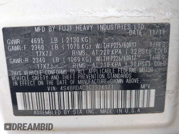 2012 Subaru Outback with VIN 4S4BRDAC1C2224171, listed as a IAAI auction lot 42362532 with 84,583 mi miles and . Bid and sale history available at DreamBid. Image 9.