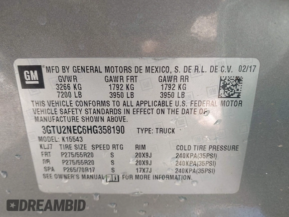 2017 GMC Sierra 1500 SLT z VIN 3GTU2NEC6HG358190, wystawiony jako IAAI lot #42038981 z przebiegiem 299 100 mil mil oraz . Historia ofert i sprzedaży dostępna na DreamBid. Obrazek 9.