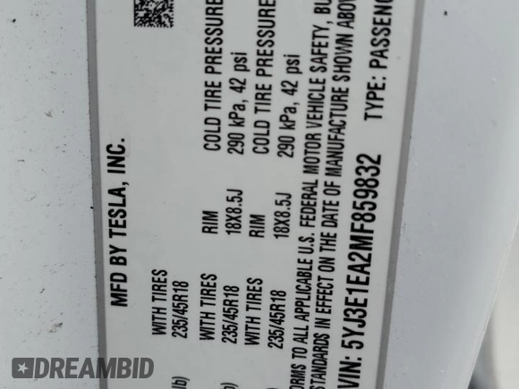 2021 Tesla Model 3 Standard Range Plus z VIN 5YJ3E1EA2MF859832, wystawiony jako Copart lot #56743865 z przebiegiem 77 025 mil mil oraz Nie do naprawy. Historia ofert i sprzedaży dostępna na DreamBid. Obrazek 12.