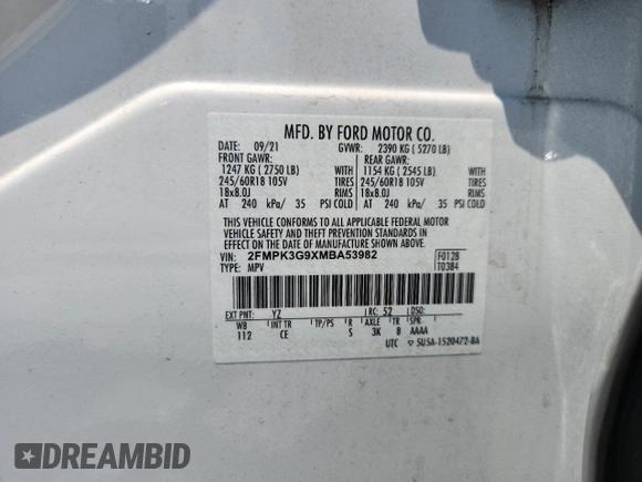 2021 Ford Edge SE with VIN 2FMPK3G9XMBA53982, listed as a Copart auction lot 61997985 with 98,583 mi miles and Clean title. Bid and sale history available at DreamBid. Image 13.