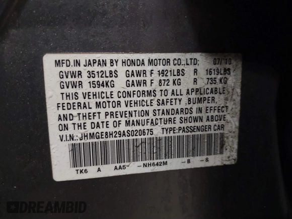 2010 Honda Fit with VIN JHMGE8H29AS020675, listed as a IAAI auction lot 41832465 with 212,713 mi miles. Bid and sale history available at carsss.com. Image 9.