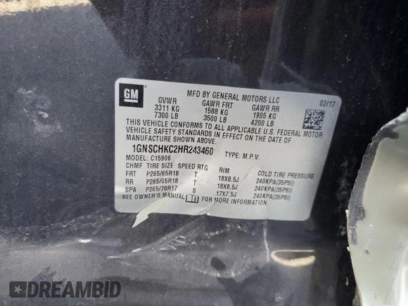 2017 Chevrolet Suburban LT z VIN 1GNSCHKC2HR243460, wystawiony jako Copart lot #58133185 z przebiegiem 108 632 mil mil oraz Szkoda całkowita • Salvage title. Historia ofert i sprzedaży dostępna na DreamBid. Obrazek 13.