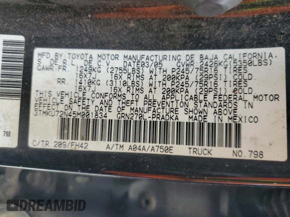 2005 Toyota Tacoma PreRunner with VIN 3TMKU72N45M001834, listed as a Copart auction lot 53280165 with Not provided miles and Clean title. Bid and sale history available at DreamBid. Image 12.