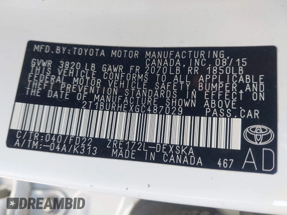 2016 Toyota Corolla L with VIN 2T1BURHEXGC487029, listed as a IAAI auction lot 42767508 with 200,878 mi miles and . Bid and sale history available at DreamBid. Image 9.