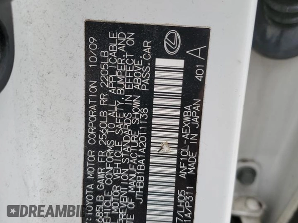 2010 Lexus HS 250h z VIN JTHBB1BA1A2011138, wystawiony jako Copart lot #55086155 z przebiegiem 289 412 mil mil oraz Szkoda całkowita • Salvage title. Historia ofert i sprzedaży dostępna na DreamBid. Obrazek 13.