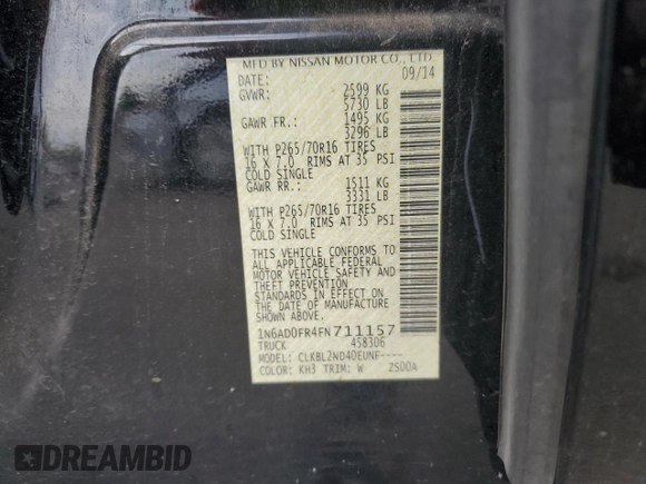 2015 Nissan Frontier SV with VIN 1N6AD0FR4FN711157, listed as a Copart auction lot 76598584 with 82,311 mi miles and Salvage title. Bid and sale history available at DreamBid. Image 15.