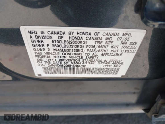 2005 Acura MDX с VIN 2HNYD18295H549082, выставлен на аукционе IAAI как лот 42431135 с пробегом 280 197 миль миль и . История ставок и продаж доступна на DreamBid. Изображение 9.