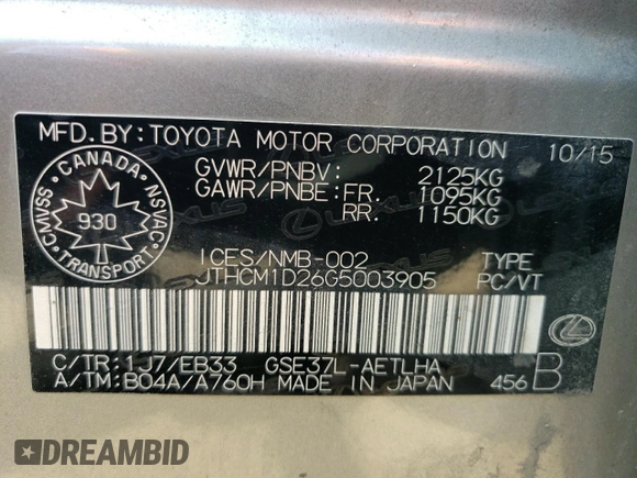 2016 Lexus IS 300/350 with VIN JTHCM1D26G5003905, listed as a Copart auction lot 62312475 with 273,129 mi miles and Clean title. Bid and sale history available at DreamBid. Image 12.