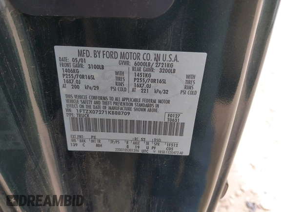 2001 Ford F-150 XL with VIN 1FTZX07271KB88709, listed as a IAAI auction lot 42599181 with 153,985 mi miles and . Bid and sale history available at DreamBid. Image 9.