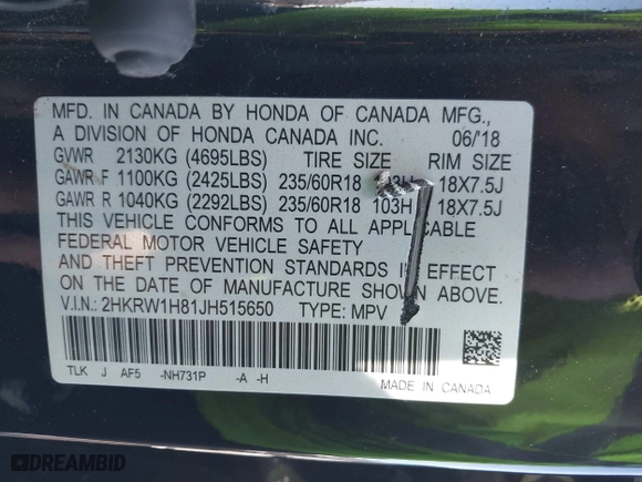 2018 Honda CR-V EX-L with VIN 2HKRW1H81JH515650, listed as a IAAI auction lot 41581199 with 1 mi miles. Bid and sale history available at carsss.com. Image 9.