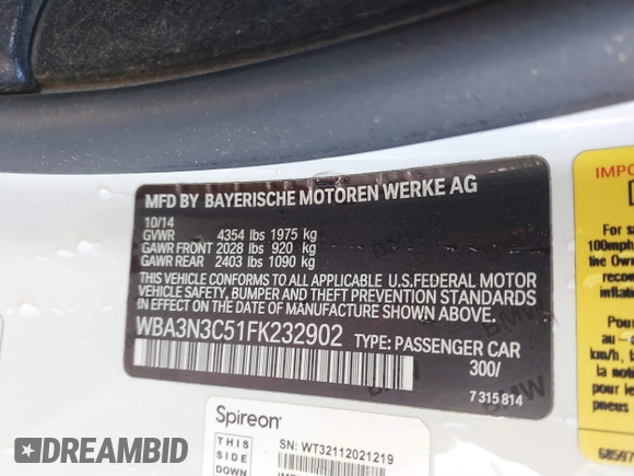 2015 BMW 4 Series 428i with VIN WBA3N3C51FK232902, listed as a IAAI auction lot 41547137 with 136,306 mi miles and . Bid and sale history available at DreamBid. Image 9.