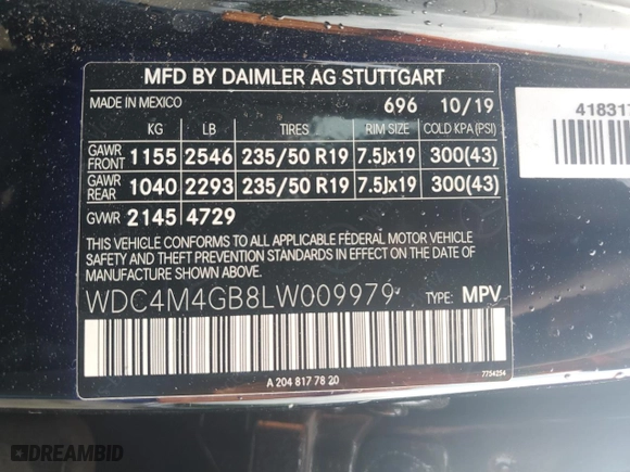 2020 Mercedes-Benz GLB with VIN WDC4M4GB8LW009979, listed as a Copart auction lot 51678405 with 97,236 mi miles and Salvage Title. Bid and sale history available at carsss.com. Image 13.