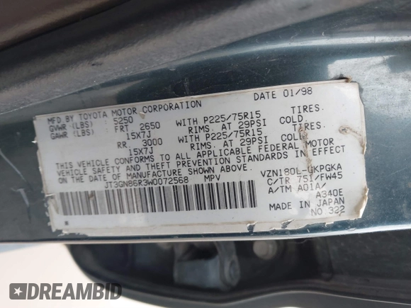 1998 Toyota 4Runner SR5 с VIN JT3GN86R3W0072568, выставлен на аукционе IAAI как лот 41620781 с пробегом 190 115 миль миль и . История ставок и продаж доступна на DreamBid. Изображение 9.