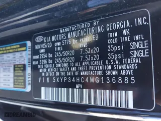 2021 Kia Telluride EX with VIN 5XYP34HC4MG136885, listed as a IAAI auction lot 41144633 with 129,689 mi miles. Bid and sale history available at carsss.com. Image 9.