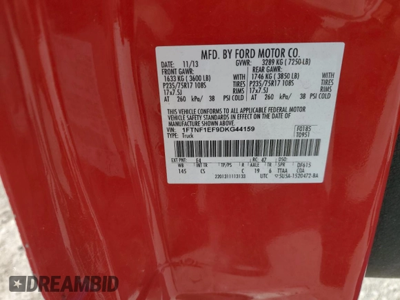 2013 Ford F-150 XL with VIN 1FTNF1EF9DKG44159, listed as a Copart auction lot 53113115 with 301,694 mi miles and Salvage title. Bid and sale history available at DreamBid. Image 12.