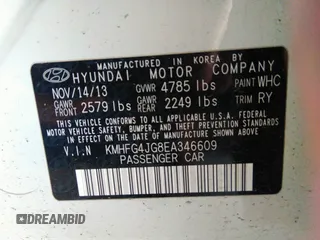 2014 Hyundai Azera with VIN KMHFG4JG8EA346609, listed as a IAAI auction lot 42010249 with 105,646 mi miles and . Bid and sale history available at DreamBid. Image 9.