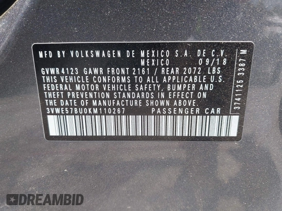 2019 Volkswagen Jetta SEL z VIN 3VWE57BU0KM110267, wystawiony jako IAAI lot #42161272 z przebiegiem 63 955 mil mil oraz . Historia ofert i sprzedaży dostępna na DreamBid. Obrazek 9.