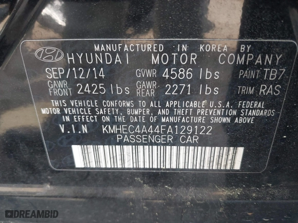 2015 Hyundai Sonata Hybrid Limited with VIN KMHEC4A44FA129122, listed as a IAAI auction lot 42098724 with 140,792 mi miles. Bid and sale history available at carsss.com. Image 9.