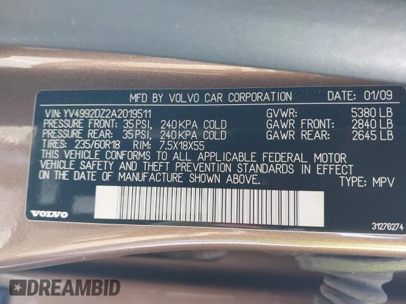 2010 Volvo XC60 3.0T с VIN YV4992DZ2A2019511, выставлен на аукционе IAAI как лот 41890532 с пробегом 161 493 миль миль и . История ставок и продаж доступна на DreamBid. Изображение 9.