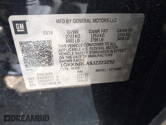 2018 GMC Acadia SLE z VIN 1GKKNRLA5JZ223252, wystawiony jako IAAI lot #42007241 z przebiegiem 93 591 mil mil oraz . Historia ofert i sprzedaży dostępna na DreamBid. Obrazek 9.