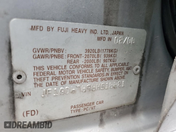 2006 Subaru Impreza i z VIN JF1GD67696H516681, wystawiony jako Copart lot #46947835 z przebiegiem 192 512 mil mil oraz Szkoda całkowita • Salvage title. Historia ofert i sprzedaży dostępna na DreamBid. Obrazek 12.