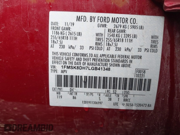 2020 Ford Explorer XLT with VIN 1FMSK8DH7LGB41348, listed as a IAAI auction lot 41547113 with 76,372 mi miles and . Bid and sale history available at DreamBid. Image 9.
