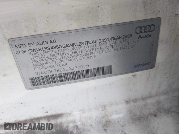 2006 Audi A4 2.0T with VIN WAUDF78E46A237079, listed as a IAAI auction lot 42538211 with 180,756 mi miles and . Bid and sale history available at DreamBid. Image 9.