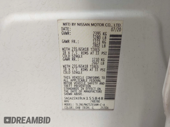 2020 Nissan Murano S with VIN 5N1AZ2AS9LN155848, listed as a IAAI auction lot 42064532 with 60,594 mi miles and . Bid and sale history available at carsss.com. Image 9.
