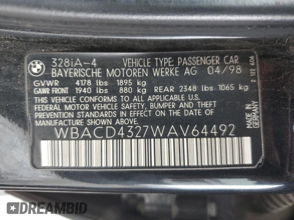 1998 BMW 3 Series 328iA with VIN WBACD4327WAV64492, listed as a Copart auction lot 43583785 with 148,128 mi miles and Salvage Title. Bid and sale history available at carsss.com. Image 12.
