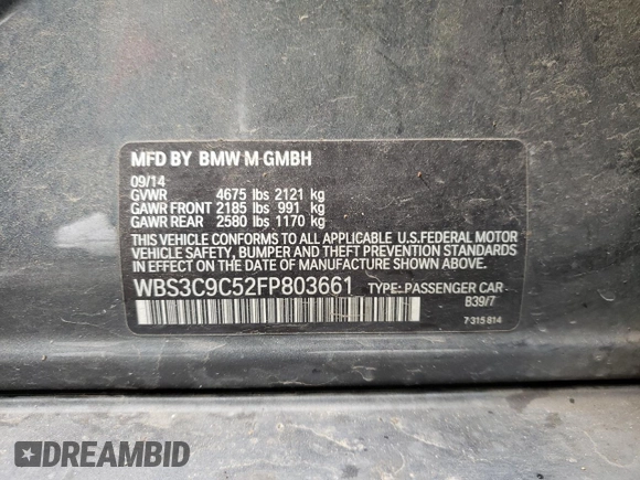 2015 BMW M3 z VIN WBS3C9C52FP803661, wystawiony jako Copart lot #52040625 z przebiegiem 134 562 mil mil oraz Szkoda całkowita • Salvage title. Historia ofert i sprzedaży dostępna na DreamBid. Obrazek 12.