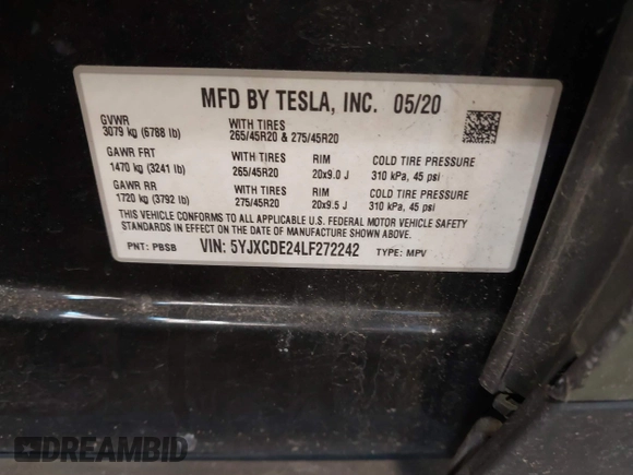 2020 Tesla Model X Long Range with VIN 5YJXCDE24LF272242, listed as a IAAI auction lot 41275226 with 103,731 mi miles. Bid and sale history available at carsss.com. Image 9.
