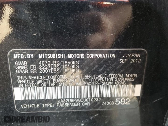 2013 Mitsubishi Lancer GT with VIN JA32U8FW8DU010232, listed as a Copart auction lot 75340074 with 110,531 mi miles and Salvage Title. Bid and sale history available at carsss.com. Image 12.