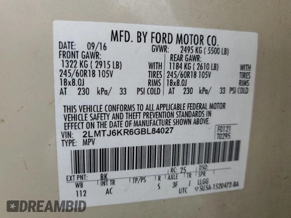 2016 Lincoln MKX Select z VIN 2LMTJ6KR6GBL84027, wystawiony jako Copart lot #54084425 z przebiegiem 122 304 mil mil oraz Szkoda całkowita • Salvage title. Historia ofert i sprzedaży dostępna na DreamBid. Obrazek 13.