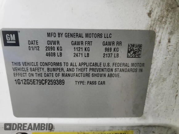 2012 Chevrolet Malibu LTZ with VIN 1G1ZG5E79CF259389, listed as a Copart auction lot 44201685 with 162,198 mi miles and Salvage Title. Bid and sale history available at DreamBid. Image 15.