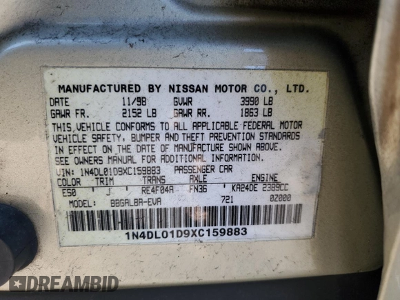 1999 Nissan Altima XE with VIN 1N4DL01D9XC159883, listed as a Copart auction lot 84512034 with 97,818 mi miles and Clean Title. Bid and sale history available at carsss.com. Image 12.