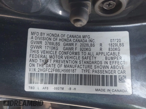 2020 Honda Civic Sedan LX with VIN 2HGFC2F66LH566187, listed as a IAAI auction lot 41523994 with 42,161 mi miles. Bid and sale history available at carsss.com. Image 9.
