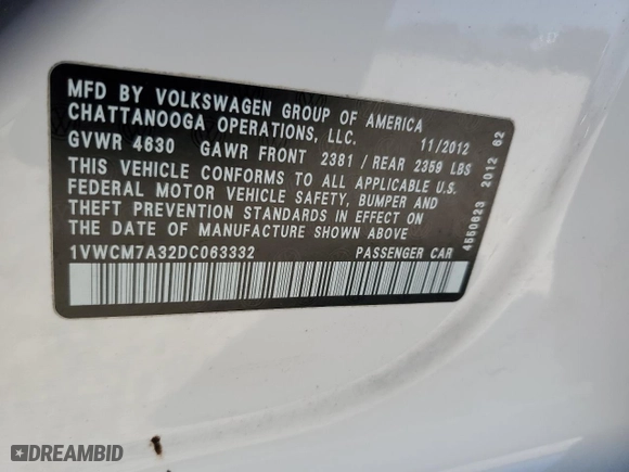 2013 Volkswagen Passat SEL Premium with VIN 1VWCM7A32DC063332, listed as a Copart auction lot 77217544 with 104,534 mi miles and Salvage Title. Bid and sale history available at carsss.com. Image 12.