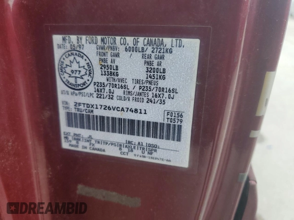 1997 Ford F-150 with VIN 2FTDX1726VCA74811, listed as a Copart auction lot 81909844 with 136,520 mi miles and Salvage title. Bid and sale history available at DreamBid. Image 13.