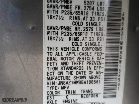 2011 Nissan Murano SV with VIN JN8AZ1MW8BW188561, listed as a Copart auction lot 47834335 with 103,266 mi miles and Salvage Title. Bid and sale history available at carsss.com. Image 13.