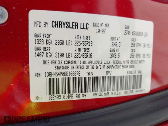2008 Dodge Grand Caravan SXT with VIN 1D8HN54P08B108676, listed as a IAAI auction lot 42169207 with 110,736 mi miles and . Bid and sale history available at DreamBid. Image 9.