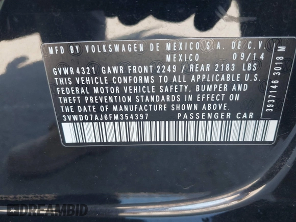 2015 Volkswagen Jetta Sedan 1.8T SE w/Connectivity with VIN 3VWD07AJ6FM354397, listed as a IAAI auction lot 41772983 with 100,265 mi miles. Bid and sale history available at carsss.com. Image 9.