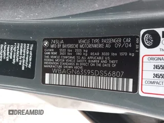 2005 BMW 7 Series 745Li with VIN WBAGN63595DS56807, listed as a IAAI auction lot 42018921 with 128,230 mi miles. Bid and sale history available at carsss.com. Image 9.