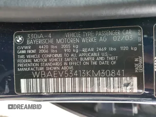 2003 BMW 3 Series 330i with VIN WBAEV53413KM30841, listed as a Copart auction lot 76407924 with 121,102 mi miles and Salvage Title. Bid and sale history available at carsss.com. Image 14.