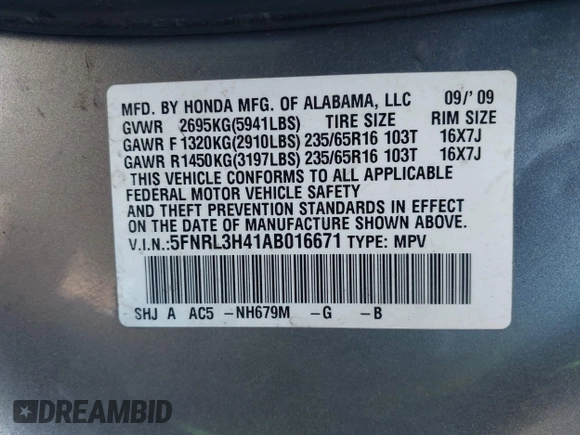 2010 Honda Odyssey EX with VIN 5FNRL3H41AB016671, listed as a IAAI auction lot 42465200 with 167,214 mi miles and . Bid and sale history available at DreamBid. Image 9.