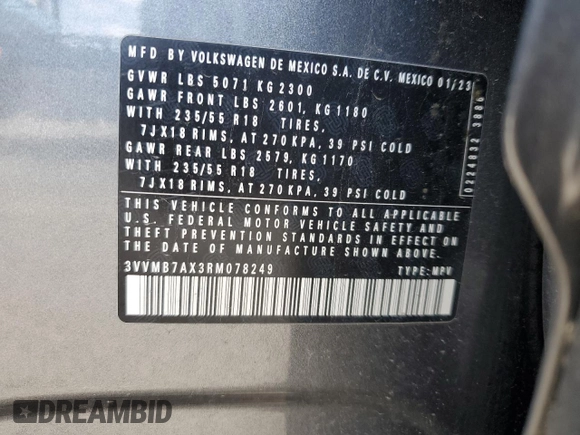 2024 Volkswagen Tiguan SE z VIN 3VVMB7AX3RM078249, wystawiony jako Copart lot #57566155 z przebiegiem 25 713 mil mil oraz Szkoda całkowita • Salvage title. Historia ofert i sprzedaży dostępna na DreamBid. Obrazek 12.