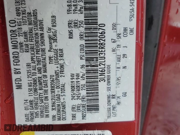 2014 Lincoln MKZ Hybrid with VIN 3LN6L2LU3ER820670, listed as a Copart auction lot 57949235 with 122,042 mi miles and Salvage title. Bid and sale history available at DreamBid. Image 13.