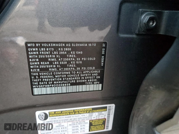 2013 Volkswagen Touareg Lux with VIN WVGEF9BP9DD008935, listed as a Copart auction lot 79859394 with Not Provided miles and Salvage Title. Bid and sale history available at DreamBid. Image 12.