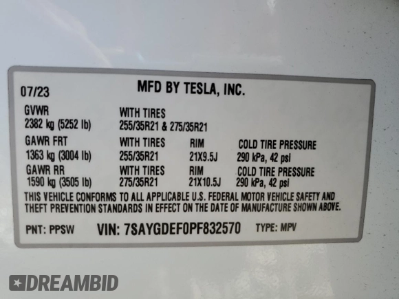 2023 Tesla Model Y Performance with VIN 7SAYGDEF0PF832570, listed as a Copart auction lot 51141415 with Not Provided miles and Non Repairable. Bid and sale history available at DreamBid. Image 13.